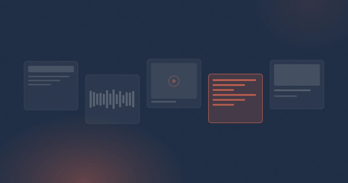 Abstraktes Motiv: eine Reihe aus Social-Kachel, Podcast-Welle, Newsletter, Video und Text