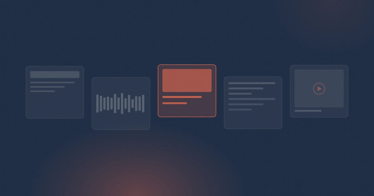 Abstraktes Motiv: eine Reihe aus Social-Kachel, Podcast-Welle, Newsletter, Video und Text