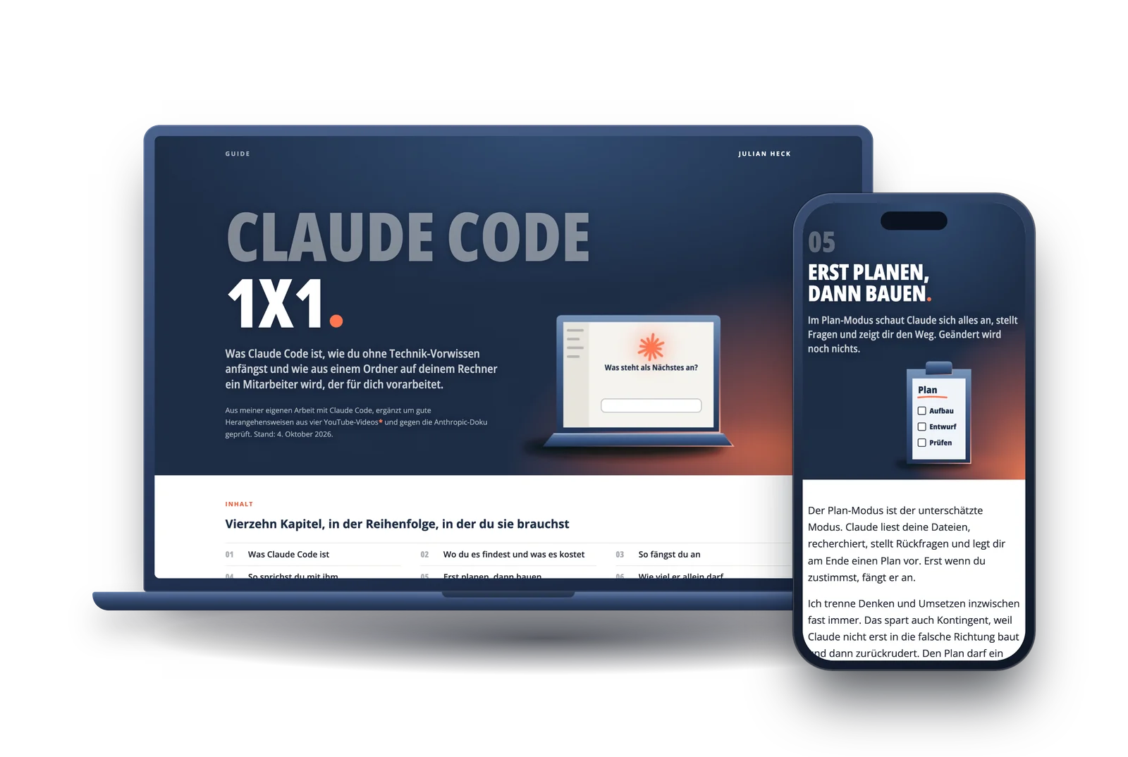Der Guide „Claude Code 1x1“ auf Laptop und Handy